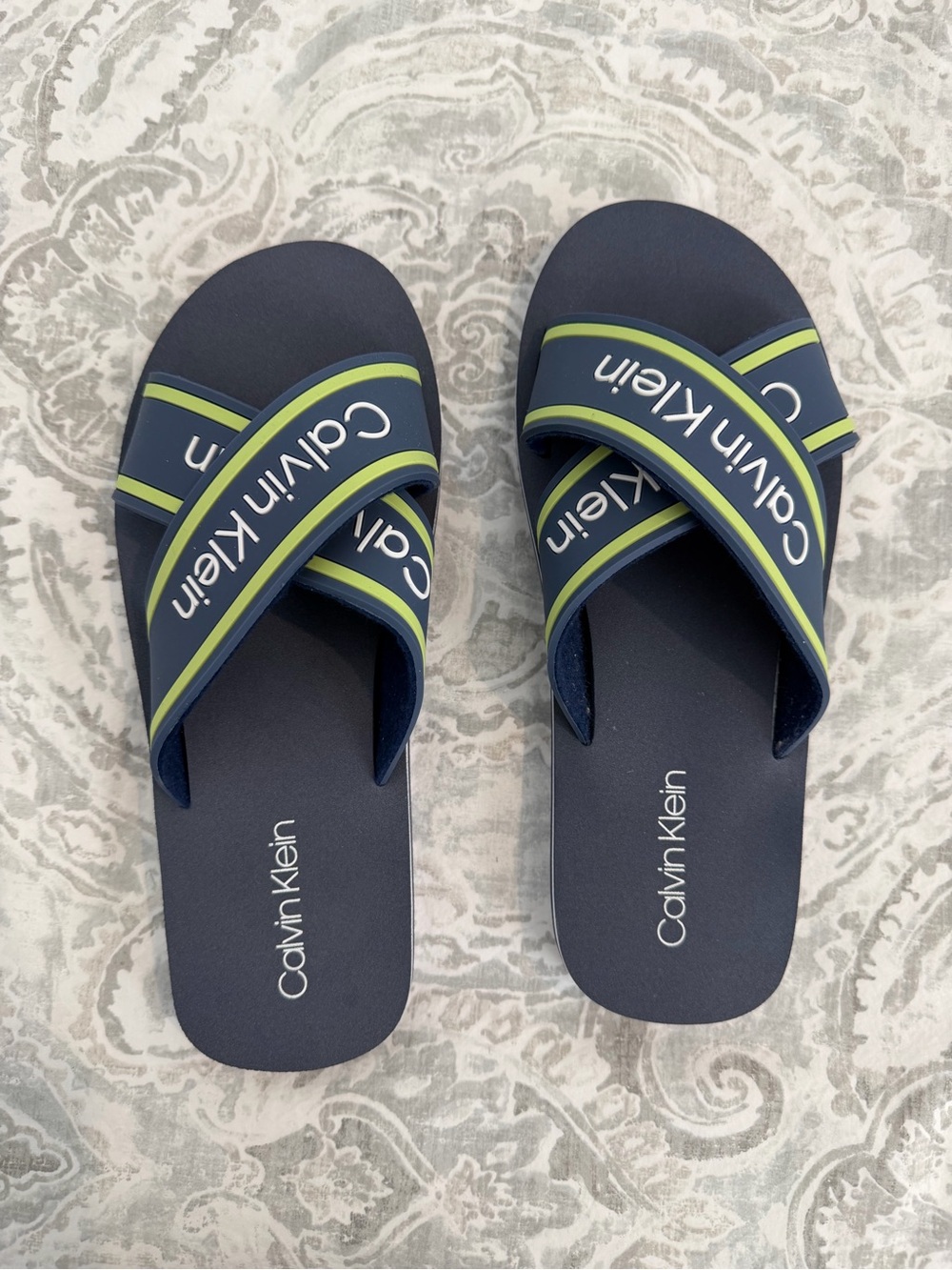 Calvin Klein Navy Slides with Lime Stripe Accent